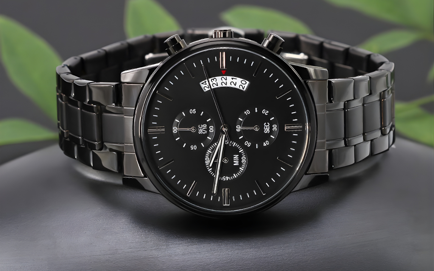 Full profile of the Lumen & Oak Midnight Chronograph luxury watch, featuring a robust black stainless steel link bracelet and high-performance precision movement dial.