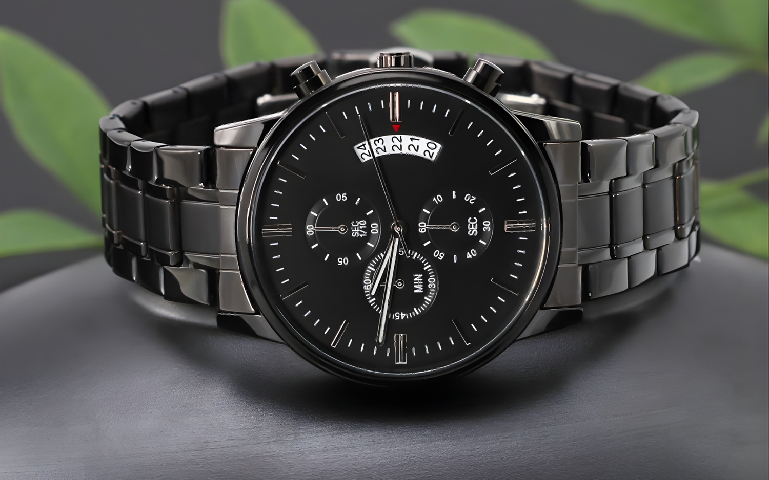 Full profile of the Lumen & Oak Midnight Chronograph luxury watch, featuring a robust black stainless steel link bracelet and high-performance precision movement dial.