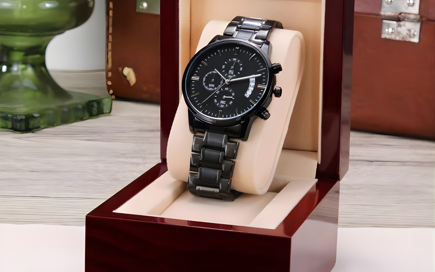 Lumen & Oak Midnight Chronograph luxury men's watch displayed in a premium mahogany-style wooden box with a warm interior LED glow, perfect for high-stakes corporate or milestone gifting.