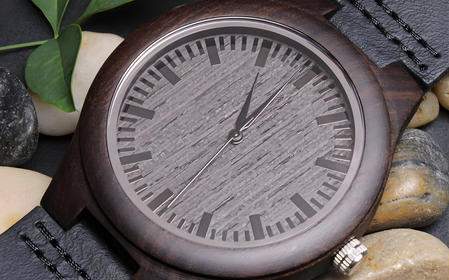Detailed macro view of the Sandalwood Legacy watch dial, showcasing the unique natural wood grain texture and high-quality stainless steel reinforcements.