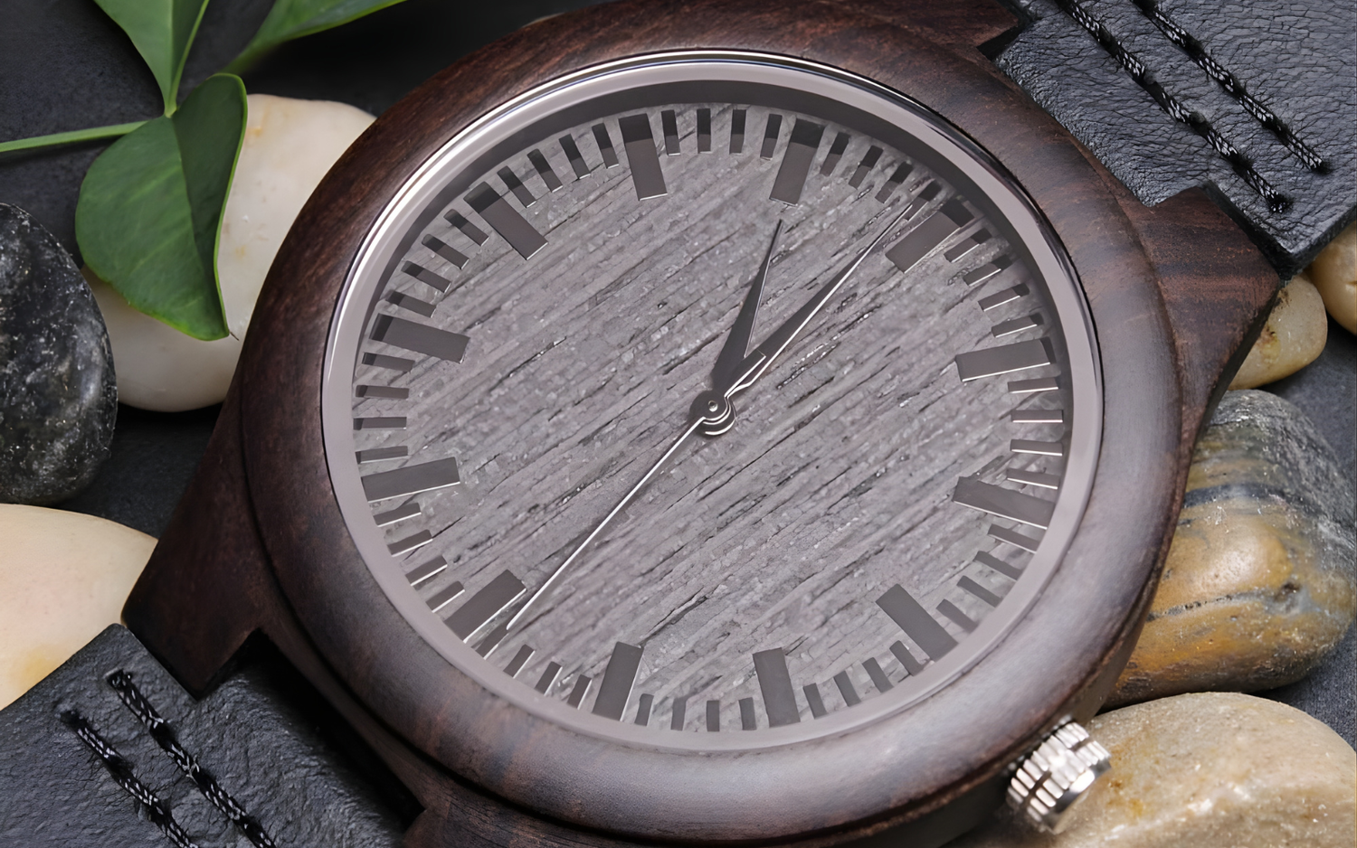 Detailed macro view of the Sandalwood Legacy watch dial, showcasing the unique natural wood grain texture and high-quality stainless steel reinforcements.